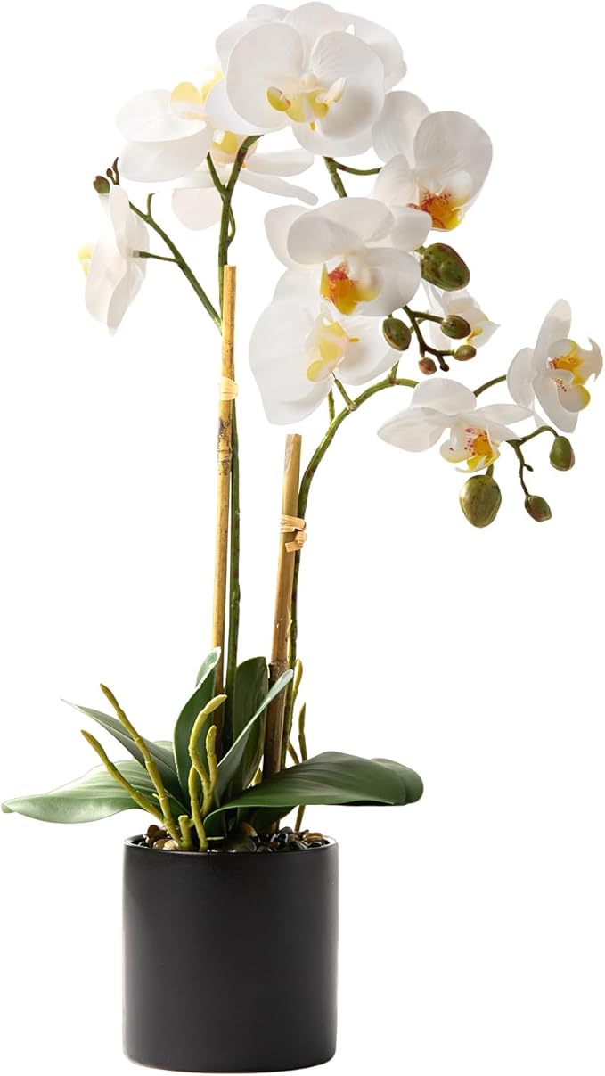 17" Fake White Orchid Flowers in Ceramic Pot,Real Touch Orchids Artificial Flowers Potted Plant,Faux Phalaenopsis Flowers Potting for Home Wedding Table Centerpiece Bathroom Office Decor