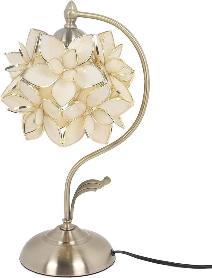 Bieye L11029 Tiffany Style Stained Glass Flower Petal Table Lamp with Brass Base for Home Décor (Cream, 8" Rose Lily)