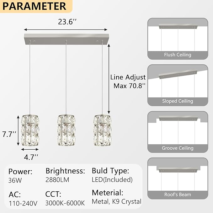 3-Lights Rectangle Modern Crystal Pendant Lights for Kitchen Island LED Dimmable Glam Pendant Lighting Chandelier for Dining Room Hallway Corner Lamp Nickel