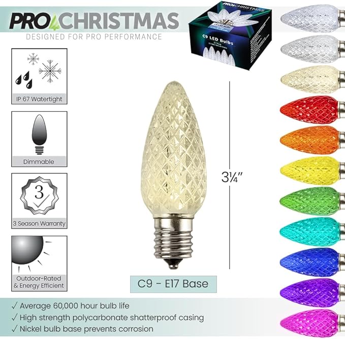 Pro Christmas C9 LED Christmas Light Kit for Rooflines & Pathways – DIY Cut to Length, Outdoor Commercial Grade (Green Wire w/Vampire Plugs, 25 Bulbs, 25 ft) Warm White
