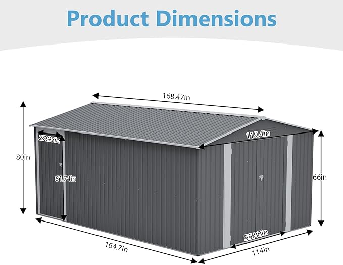14x10 FT Outdoor Metal Storage Shed with Side Door & Floor Frame, Extra-Large Tool Shed with Lockable Double Doors, Weatherproof Garden Shed for Backyard, Lawn Equipment and Patio Storage