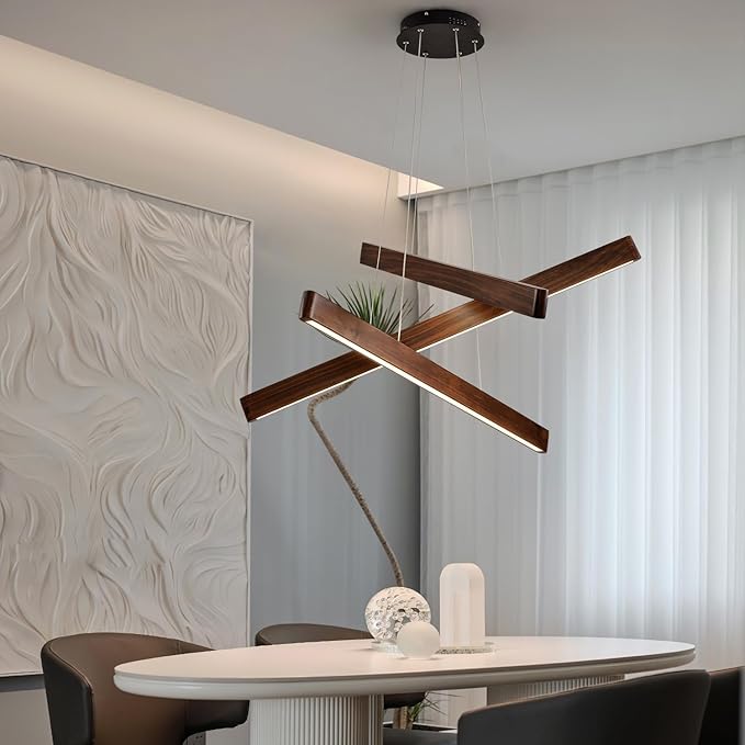 3-Light Linear Pendant,Dining Room Light Fixture,Modern Led Chandeliers for Living Room,Dimmable Wood Ceiling Pendant Light,45W for Living Room,Dining Room,Kitchen Island,Walnut Color