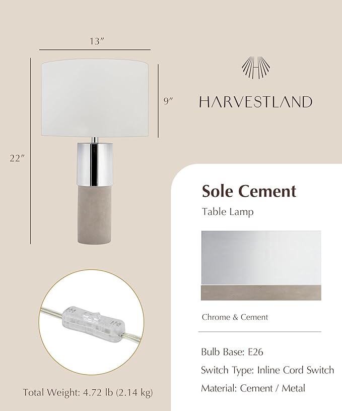 HarvestLand 22" Sole Cement Large Table Lamp – Modern Round Stone Lamp with Chrome Accent for Entry Table or Lamps for Living Room, Decorative lamp, Bedside Table Lamps