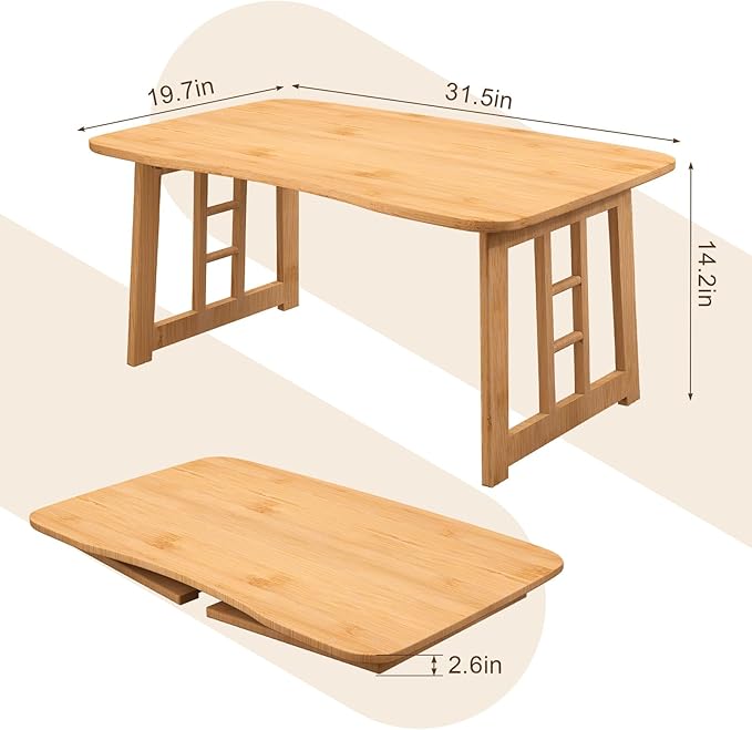 Folding Coffee Table for Living Room, 31.5 in Foldable Floor Table, Bamboo Low Coffee Tables for Small Spaces, No Assembly, Lightweight Simple Storage for Apartment, Sunroom (Wood)