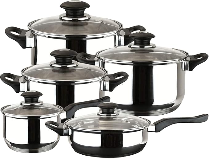 MAGEFESA Family 10-Piece Cookware Set, Crafted from Stainless Steel, Easy to Clean and Dishwasher Safe, Soft-Touch Bakelite Handles for a Comfortable Grip