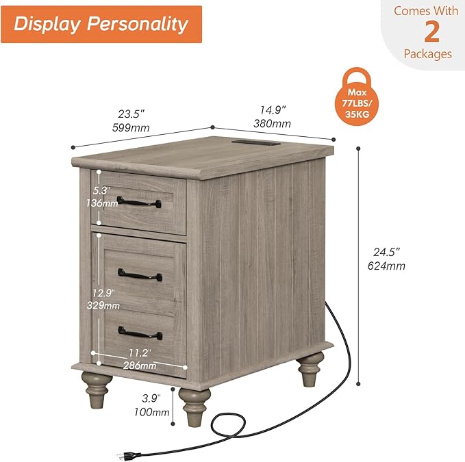 WAMPAT 2 Pack End Tables with Charging Station, Farmhouse Side Table with Drawer & Storage Cabinet, Gray Nightstand with Power Outlets & USB Ports for Living Room, Bedroom