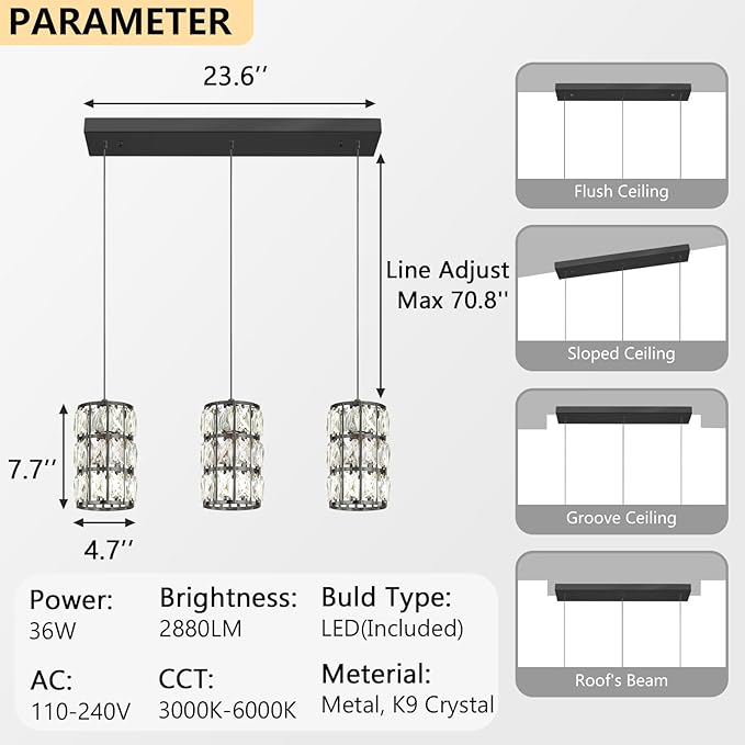 3-Lights Rectangle Modern Crystal Pendant Lights for Kitchen Island LED Dimmable Glam Pendant Lighting Chandelier for Dining Room Hallway Corner Lamp Black