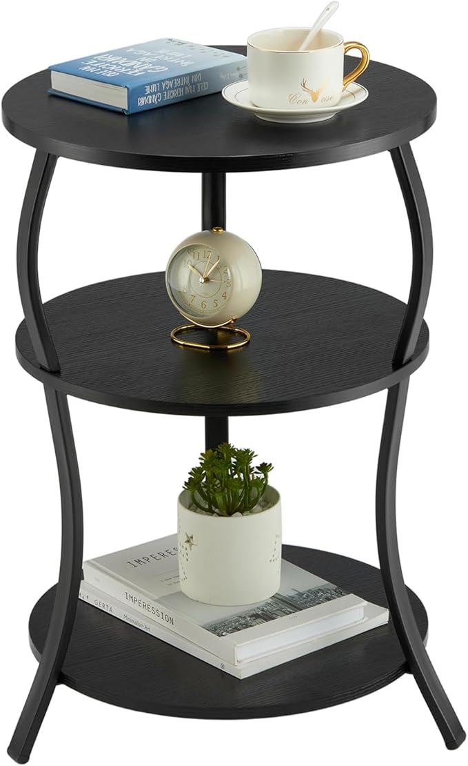 Round Side Table, 3-Tier Waist End Table with Storage Shelf, Side Tables Living Room,15.75x24’’Round Table, Sofa Side Table, Snack Table TV Tray Table, Vintage Nightstand for Bedroom,Black