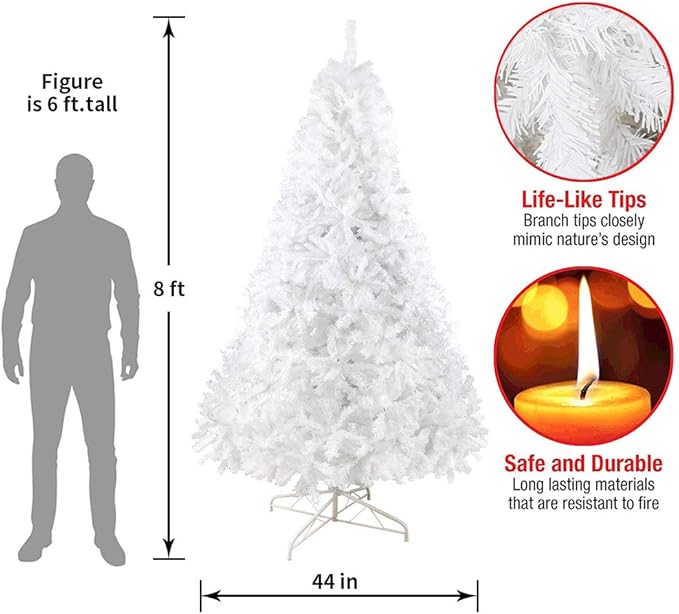 8FT Premium Spruce Artificial Holiday Christmas Tree for Home, Office, Party Decoration 1500 Branch Tips, Easy Assembly, Metal Hinges & Foldable Base White