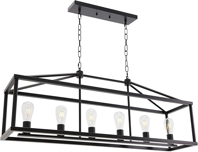 BONLICHT Modern Rectangle Chandelier 6 Light Black Industrial Vintage Kitchen Island Lighting Fixture Hanging Pendant Lamp Farmhouse Metal Cage Ceiling Light Fixtures for Living Room Dining Room Foyer