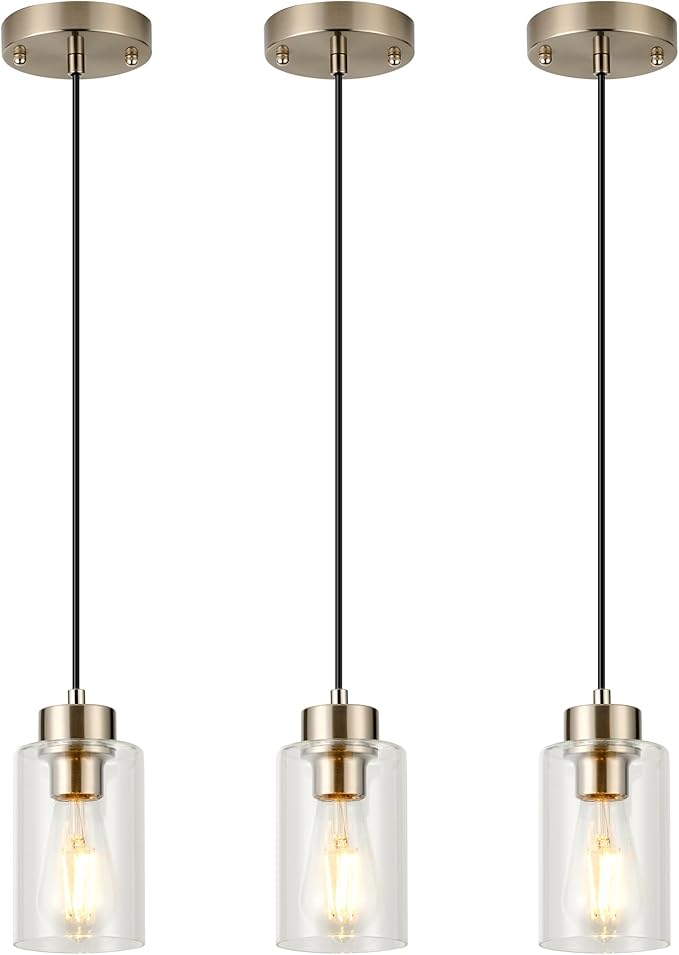 Brushed Pendant for Kitchen Island, Hanging Lamp Ceiling Fixture with Clear Glass Light for Bedroom, Farmhouse Pendant for Dining Room（3Pack)