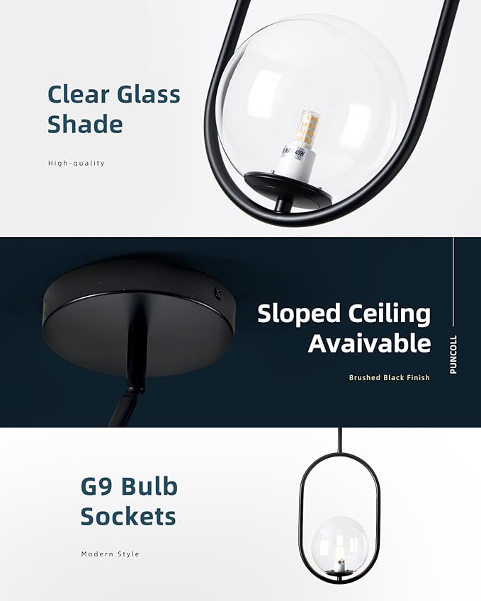 Glass Pendant Lights - 1-Light Pendant Lighting for Kitchen Island with Black Finish - Vintage Pendant Light Fixtures - Black Hanging Lights for Kitchen H9376-CLBK