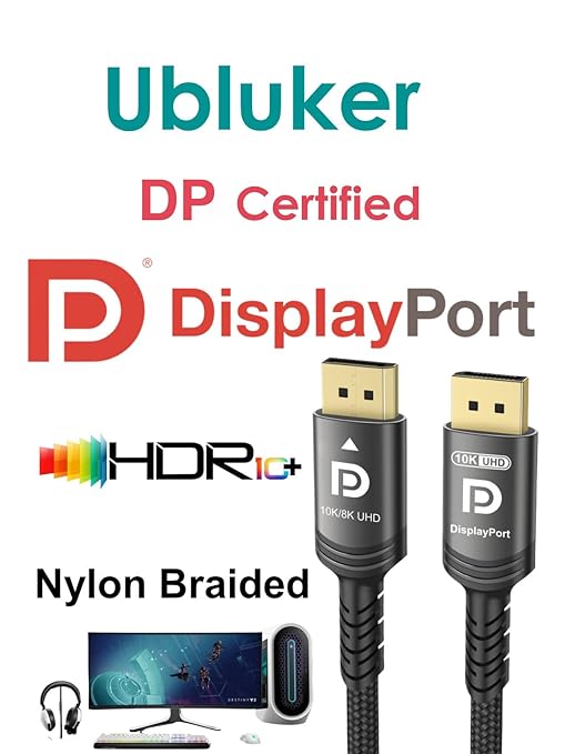 10K 8K DisplayPort 2.1 Cable 54Gbps 13 FT, Certified DP to DP Cord 4K 240Hz 165Hz 144Hz 120Hz 10K 8K 120Hz Nylon Braided UHBR HDCP2.3 FreeSync G-Sync RTX5090 Gaming Monitor PC Projector