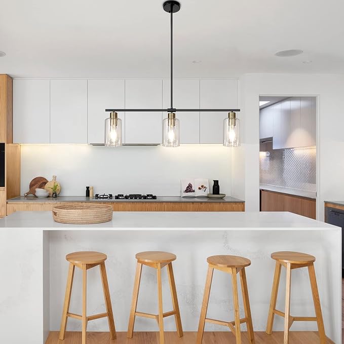 Kitchen Island Lighting, 3 Lights Linear Farmhouse Chandelier, Black and Gold Dining Room Light Fixture with Glass Shades, Modern Industrial Pendant Lights