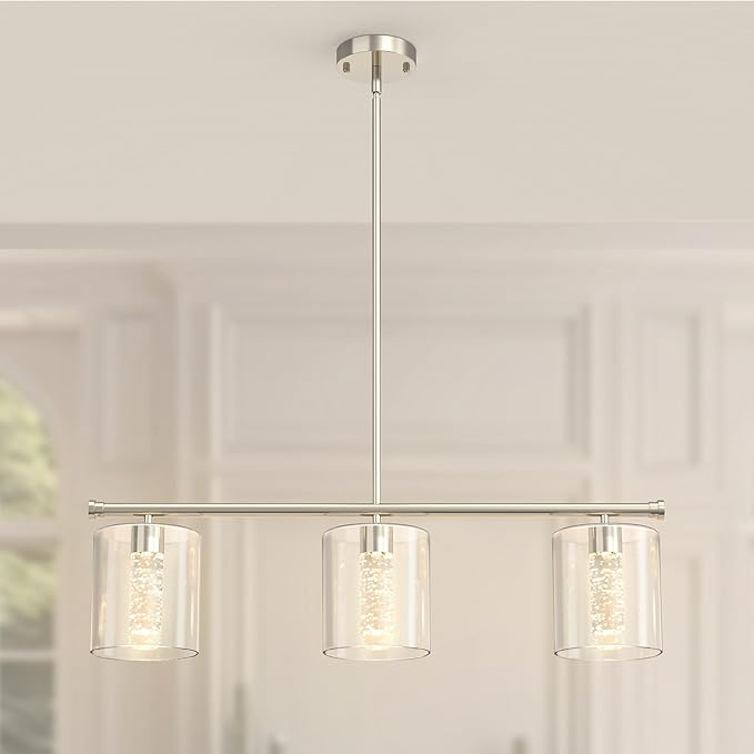 DORESshop 3-Light Chandelier for Dining Room Light Fixture Over Table, 31.3" Modern Brushed Nickel Chandelier with Glass Shades, Adjustable Hanging Pendant Lights Kitchen Island with Remote, 3CCT