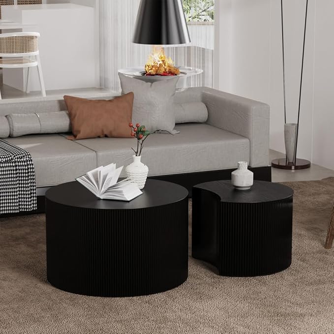 Modern Round Nesting Coffee Table Round Black Fluted Coffee Tables Set of 2 Drum Crescent Side Table Accent End Tables for Living Room, No Assembly Required,Black