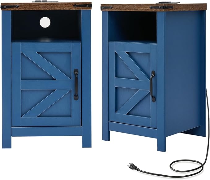 Navy Blue Farmhouse Nightstand Set of 2, Rustic End Table with Barn Door and Shelf, Bedside Table with Charging Station for Living Room, Bedroom