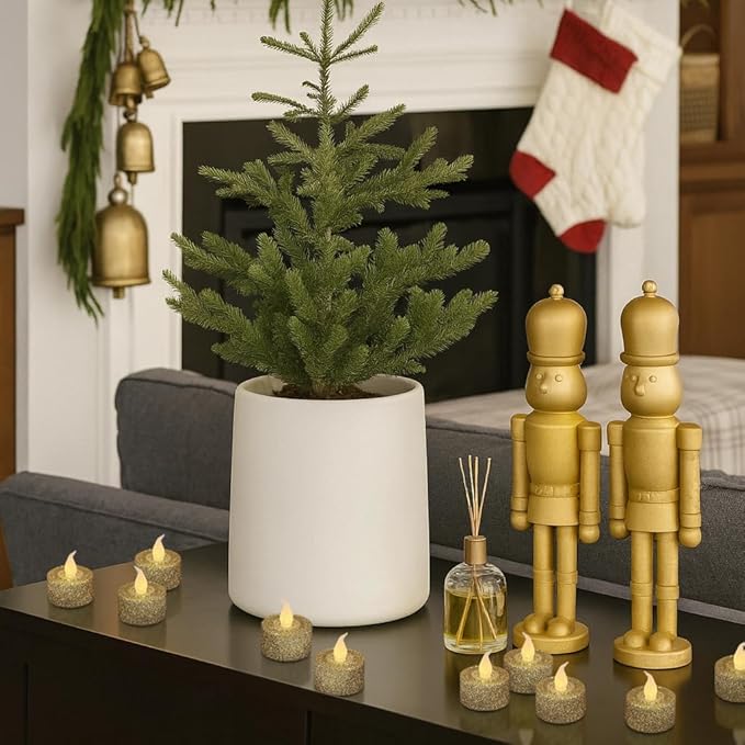 FURORA LIGHTING Champaign Gold Glitter LED Tealight Candles Pack of 12, Flameless Flickering Tealight Candles for Home Décor, 1.5’’(W) x 1.65’’(H), Battery Operated