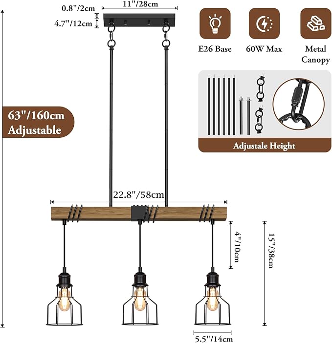 3-Light Kitchen Island Lighting, 63" Adjustable Height Pendant Light Fixtures Black Metal & Rustic Wood Modern Dining Room Linear Chandelier Over Table with E26 Base for Farmhouse Bar