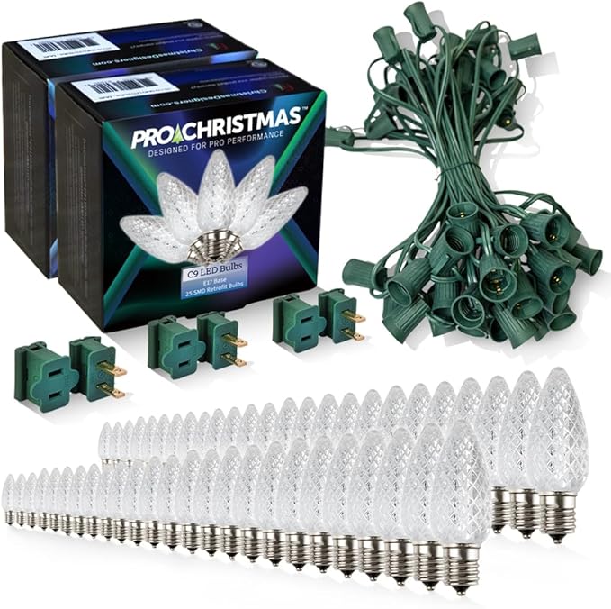 Pro Christmas C9 LED Christmas Light Kit for Rooflines & Pathways – DIY Cut to Length, Outdoor Commercial Grade (Green Wire w/Vampire Plugs, 50 Bulbs, 50 ft) Pure White