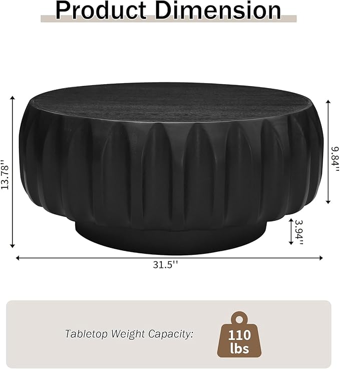 LKTART 31.5" Drum Coffee Table Modern Round Coffee Table Wood Fluted Centry Table with Solid Wood Veneer for Living Room, Easy Assemble, Black