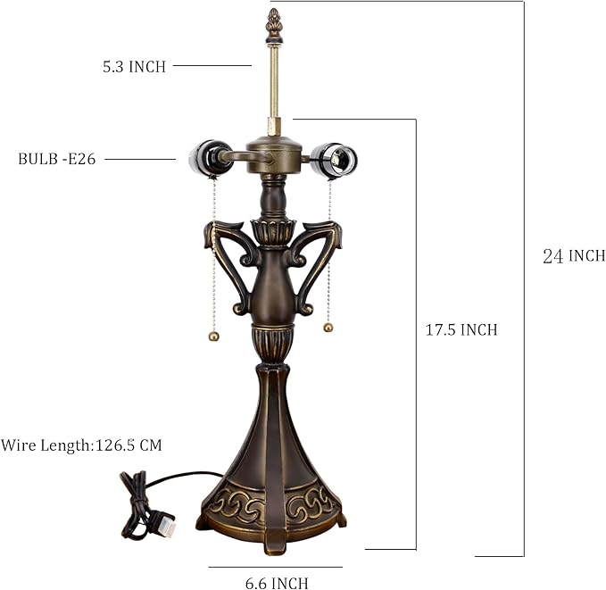 Table Lamp Base Replacement Only, Wide 6.6 Height 24 Inch, Fit for 12, 14, 16, 18 Inch Tiffany Style Stained Glass Lampshade, Dark Bronze Finish, Resin, Pull Chain Switch(O (W6.6H24 Inch))