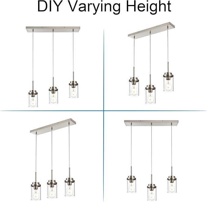 MELUCEE Kitchen Pendant Lighting Over Island 3 Lights Linear Chandelier Brushed Nickel Finish Dining Room Light Fixtures Ceiling Hanging Lamp with Clear Glass Shade, 20.5 Inches Length