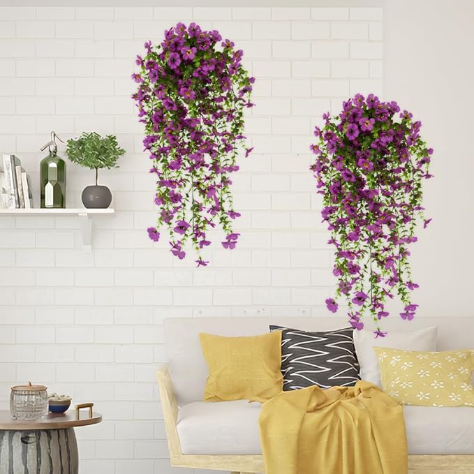 EROCK Artificial Flowers for Outdoors, 4PCS Fake Silk Hanging Flowers for Decoration UV & Fading Resistant, Realistic Faux Plants & Flowers for Porch Patio Balcony Window Box Home Decor (Purple)