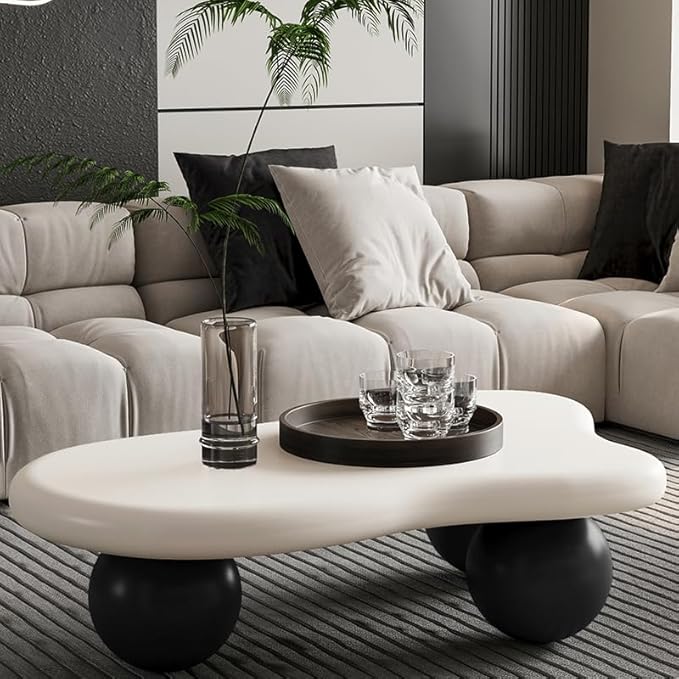 40” Cloud Coffee Table with 3 Ball Legs, Modern Lrregular Center Table for Living Room, Low Cute Small MDF Tea Table for Bedroom, Space Apartment-White Black