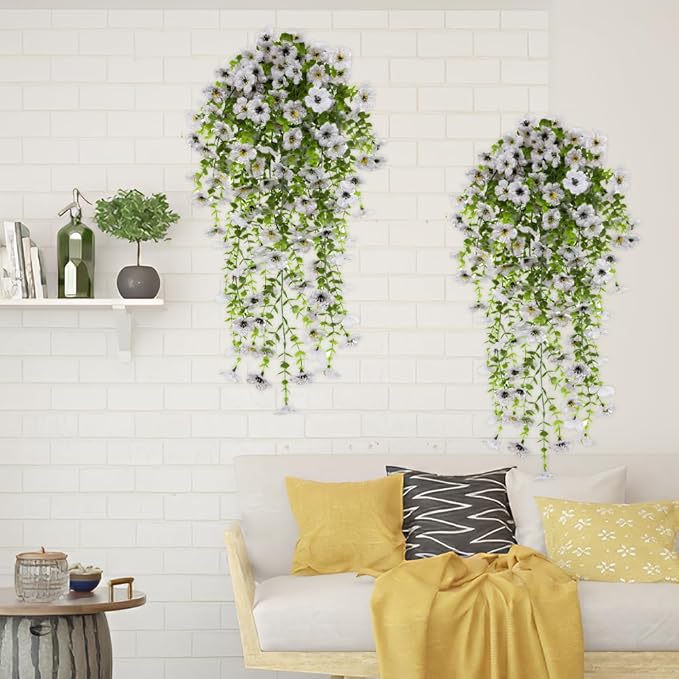 EROCK Artificial Flowers for Outdoors, 4PCS Fake Silk Hanging Flowers for Decoration UV & Fading Resistant, Realistic Faux Plants & Flowers for Porch Patio Balcony Window Box Home Decor (White)