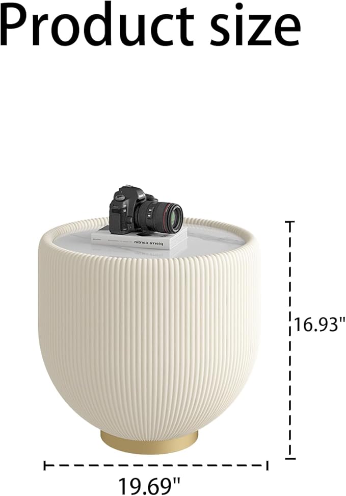 19.69" White Round Coffee Table, Drum Coffee Table with Sintered Stone Tabletop and Fluted PU Leather Covered and Metal Base, Circle Cocktail Tea Table for Living Room