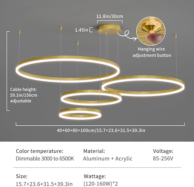 Modern LED Chandelier Light, 4 Ring Gold Pendant Lighting Fixture, Adjustable Hanging Ceiling Lamp for Dining Room, Kitchen Island, Entryway, Living Room, Dimmable Dining Light Over Table