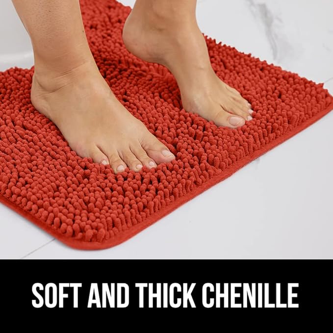 GORILLA GRIP Bath Rug Mat 30x20, Thick Soft Absorbent Chenille, Quick Dry Microfiber Mats, Rubber Backing Washable Shower Floor Rugs, US Designed Bathroom Bathmat Accessories, Decor, Sunset Orange