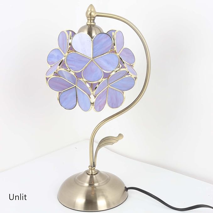 Bieye L11054 Tiffany Style Stained Glass Flower Petal Table Lamp with Brass Base for Home Décor (Purple, 8" Cherry Blossom)