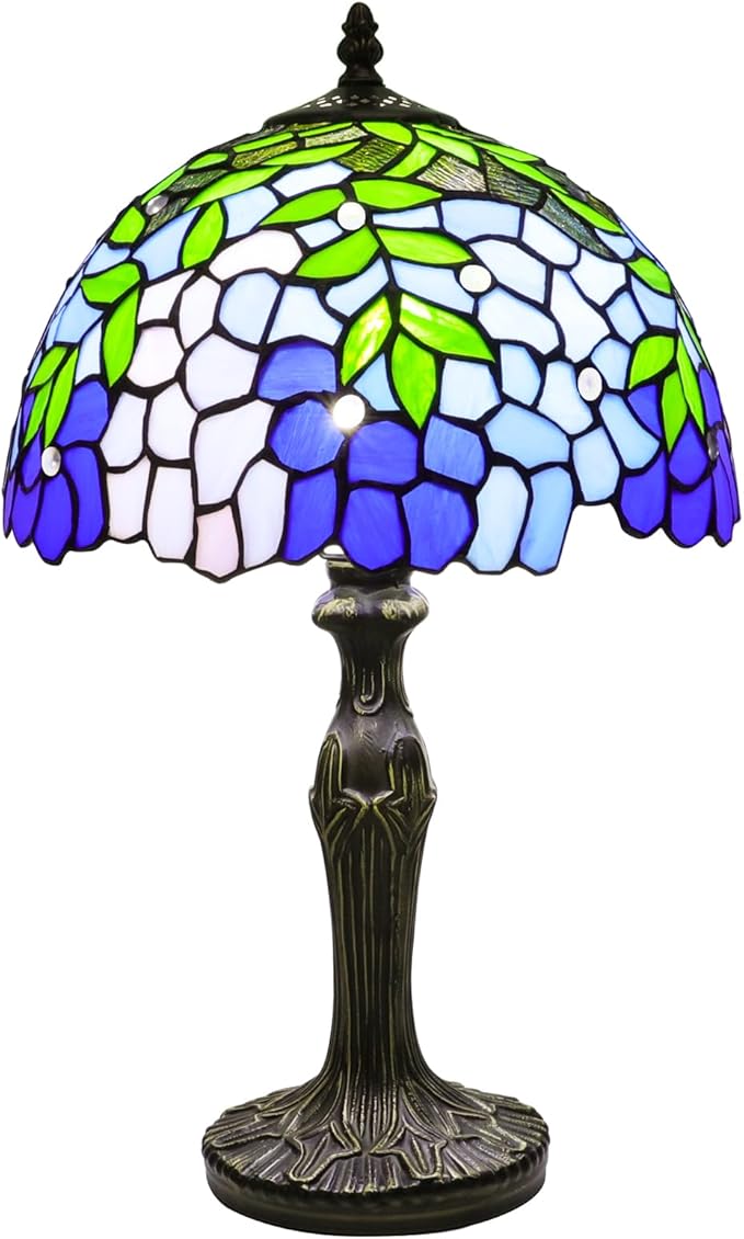 Stained Glass Table Lamp, Blue Green Leaves Style Lampshade & Plant Texture Curve Antique Base Desk Reading Light 12X12X19 Inches Decor for Bedroom Living Room Office