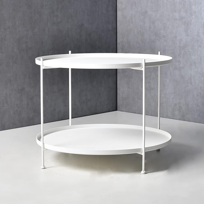 Modern Metal Table,Round Coffee Table with Storage Indoor/Outdoor, Coffee Tables for Living Room (White, 2-Tier 27.6")