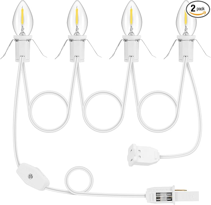 1Pack Accessory Cord with 4LED Bulbs and Outlet Christmas Village Light 8.9FT Blow Mold Light Cord with Spare Fuse Warm White C7 Lamp Christmas Village Accessories for Village Houses Craft Pumpkin