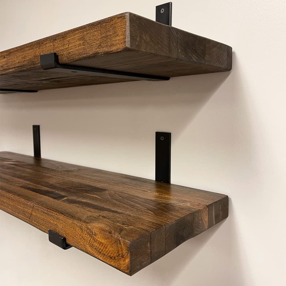 Rustic Shelves with J-Brackets Set of 2, Industrial Shelf, Kitchen Shelves, Solid Wood, Decorative Wall Storage, Heavy Duty, URBANDI (Provincial, 36Wx8D)