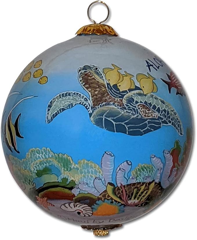 Collectible Glass Hawaiian Ornament with Fish, Corals and Sea Turtle Hand-Painted with Gift Box FCH/H
