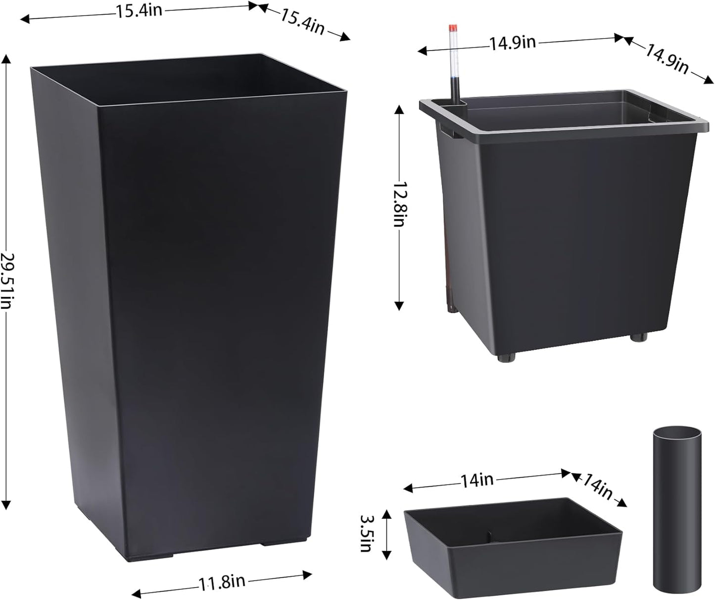30" Tall Planters Set of 2, Outdoor＆Indoor Black Planter Pots, High Front Porch Planter Pots with Drainage Holes＆Water Level Monitor Movable Wheels ＆Inner Bucket, Automatic Watering,Black