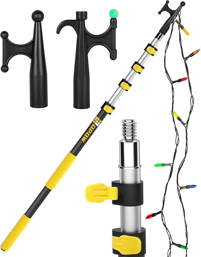 18FT Extension Pole with Utility Hook, Christmas Light Hanger Tool Attachment Screw On Pole Attachment Fits on 3/4 inch Acme Thread for Multi-Purpose Light Installation, String Lights, Birdfeeder