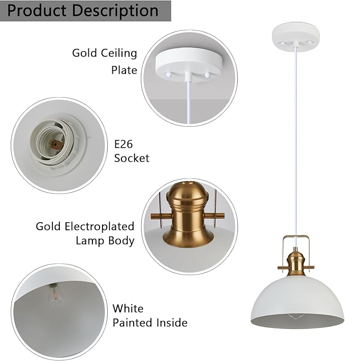 12 Inch Pendant Lights for Kitchen Island Matte White Farmhouse Pendant Light fixtures Adjustable Height Dome Hanging Light for Dinning Room Bedroom Hallway,3 Packs
