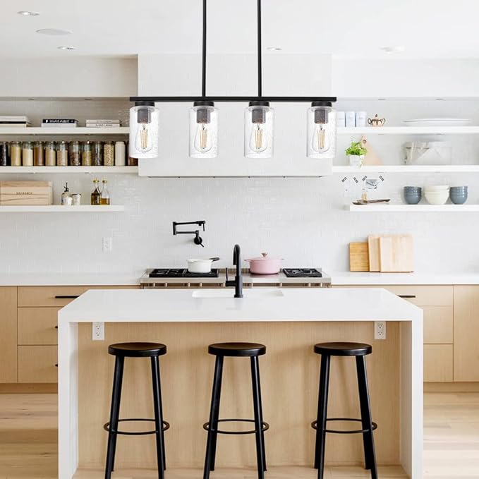 TODOLUZ Black Kitchen Island Light with Seeded Glass Shade, 4-Lights Farmhouse Chandelier Ceiling Pendant Lighting Fixture for Dining Room