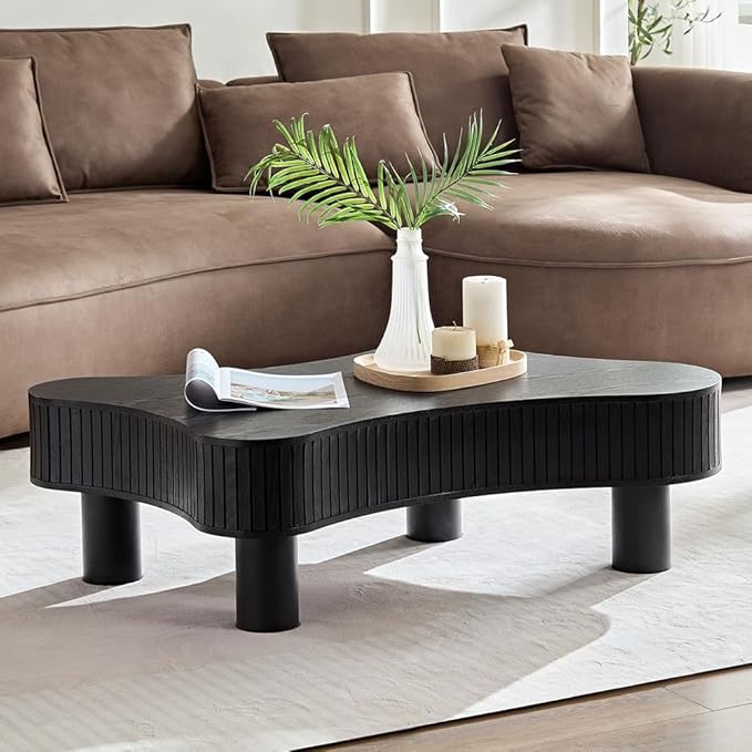 WILLIAMSPACE 42.52" Wooden Coffee Table, Modern Luxury Handcraft Wood Circle Drum Coffee Table for Living Room, Accent Center Table Side Table with Solid Wood Leg for Apartment (Black)