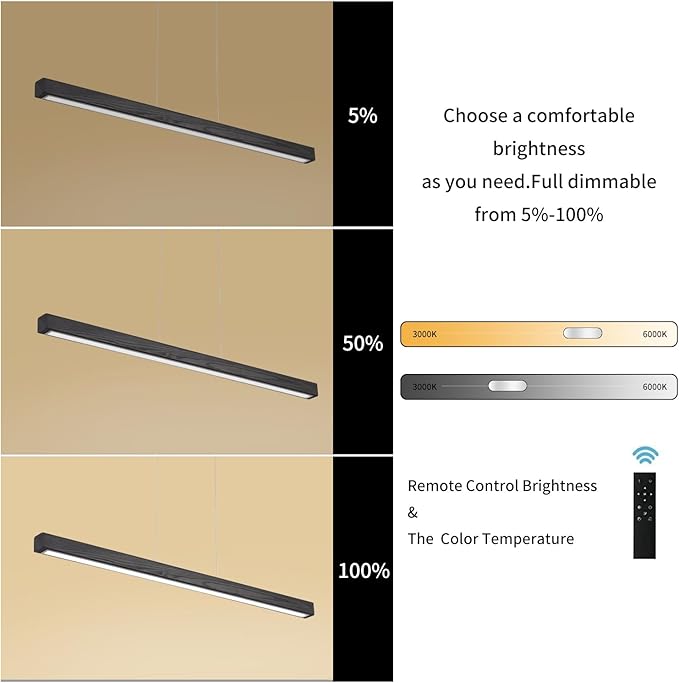 Black Wood Linear Pendant Light – Dimmable LED Chandelier with Remote, Modern Minimalist Lighting for Kitchen Islands, Dining Rooms & Pool Tables (Energy-Efficient 19W)