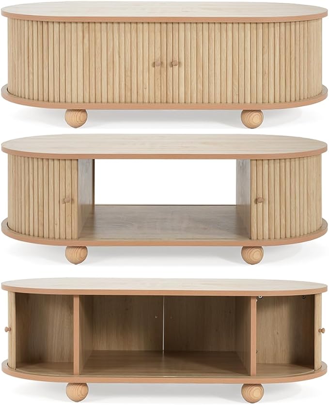 WILLIAMSPACE 47.24" Oval Coffee Table with Large Storage, Modern Luxury Wooden Drum Center Table with Round Legs for Living Room, Handcraft Accent Side Tea Table for Apartment, Natural