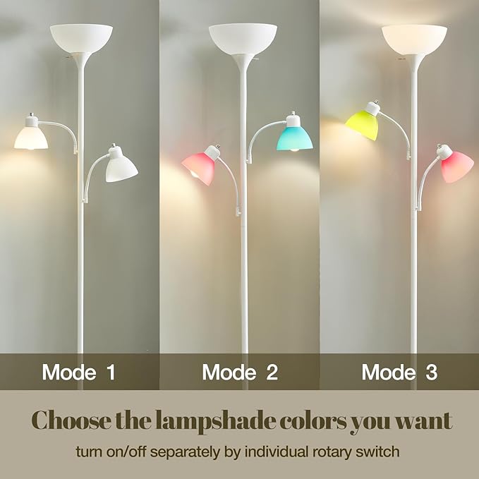 Luvkczc White Floor Lamp, 72" Tall Standing Floor Lamp with 5 Replace Lampshades, Torchiere Lamps with 8W Adjustable Reading Lights, Floor Lamps for Living Room, Bedroom, Office, Bulbs Included