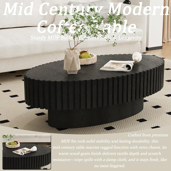 43.3” Oval Coffee Table Modern Fluted Coffee Table Handcrafted Relief Center Table with Sturdy Pedestal Mid Century Modern Center Table Tea Table for Living Room Apartment (Black)