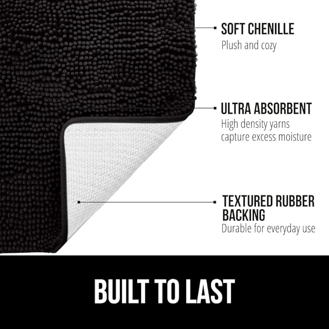 GORILLA GRIP Bath Rug Mat 48x24, Thick Soft Absorbent Chenille, Quick Dry Microfiber Mats, Rubber Backing Washable Shower Floor Rugs, Bathmat Runner, US Designed Bathroom Home Decor Accessories Black