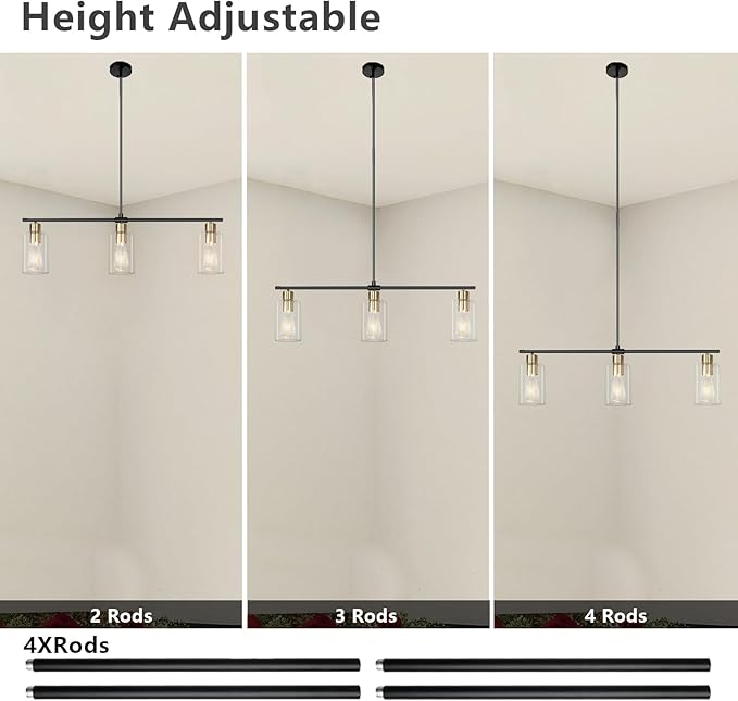 Kitchen Island Lighting, 3 Lights Linear Farmhouse Chandelier, Black and Gold Dining Room Light Fixture with Glass Shades, Modern Industrial Pendant Lights